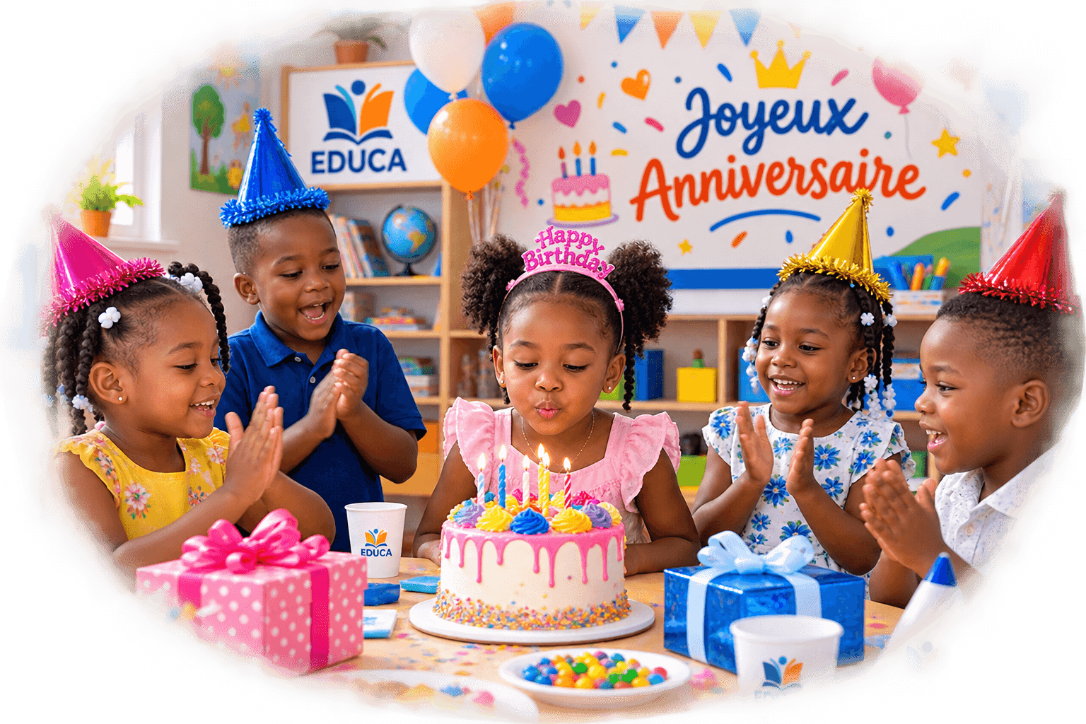 Enfants fêtant un anniversaire à l'école