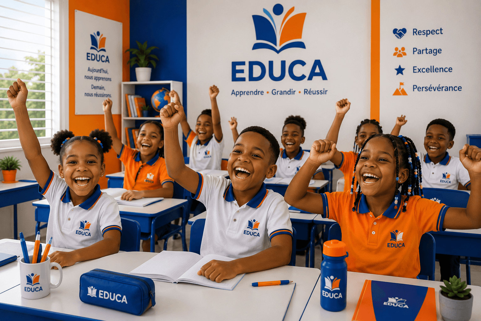 Enfants en uniforme EDUCA levant la main avec enthousiasme dans leur classe