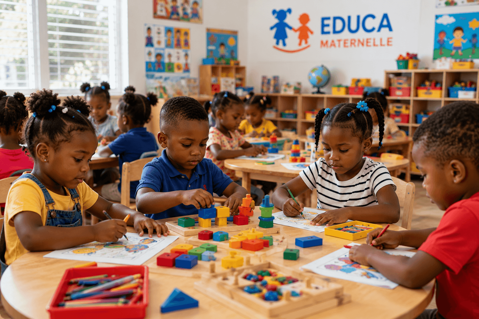 Enfants de maternelle EDUCA autour d'une table d'activités