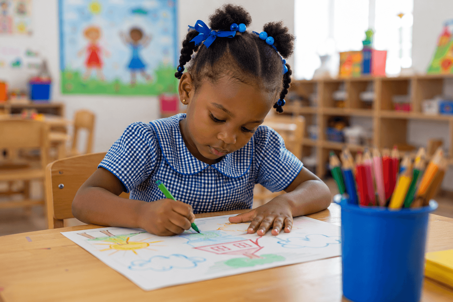 Petite fille dessinant à son pupitre en maternelle