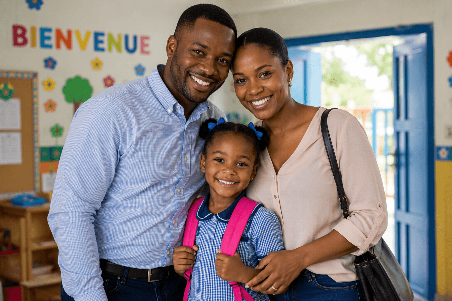 Parents accompagnant leur enfant à l'entrée de l'école